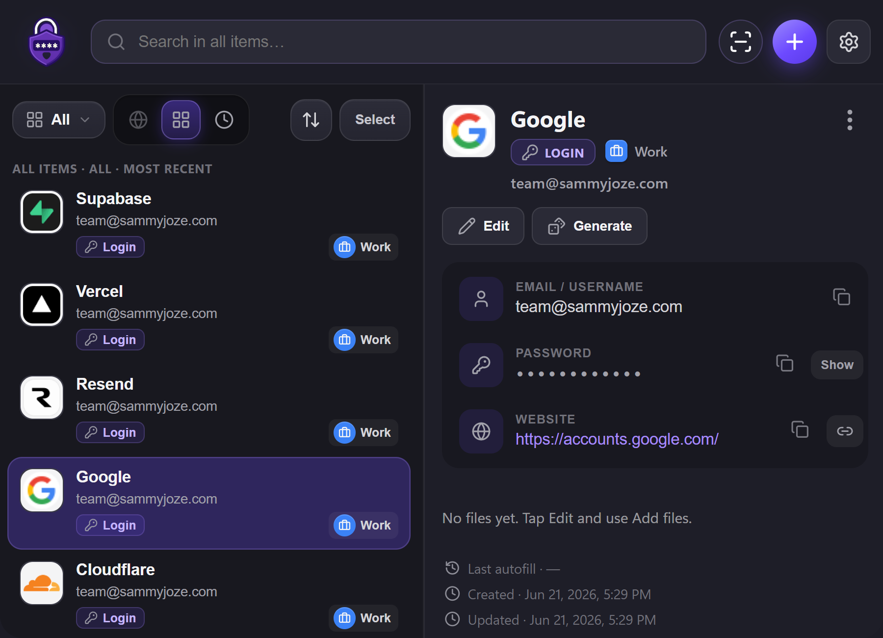Citadel Vault Work vault with Google login detail
