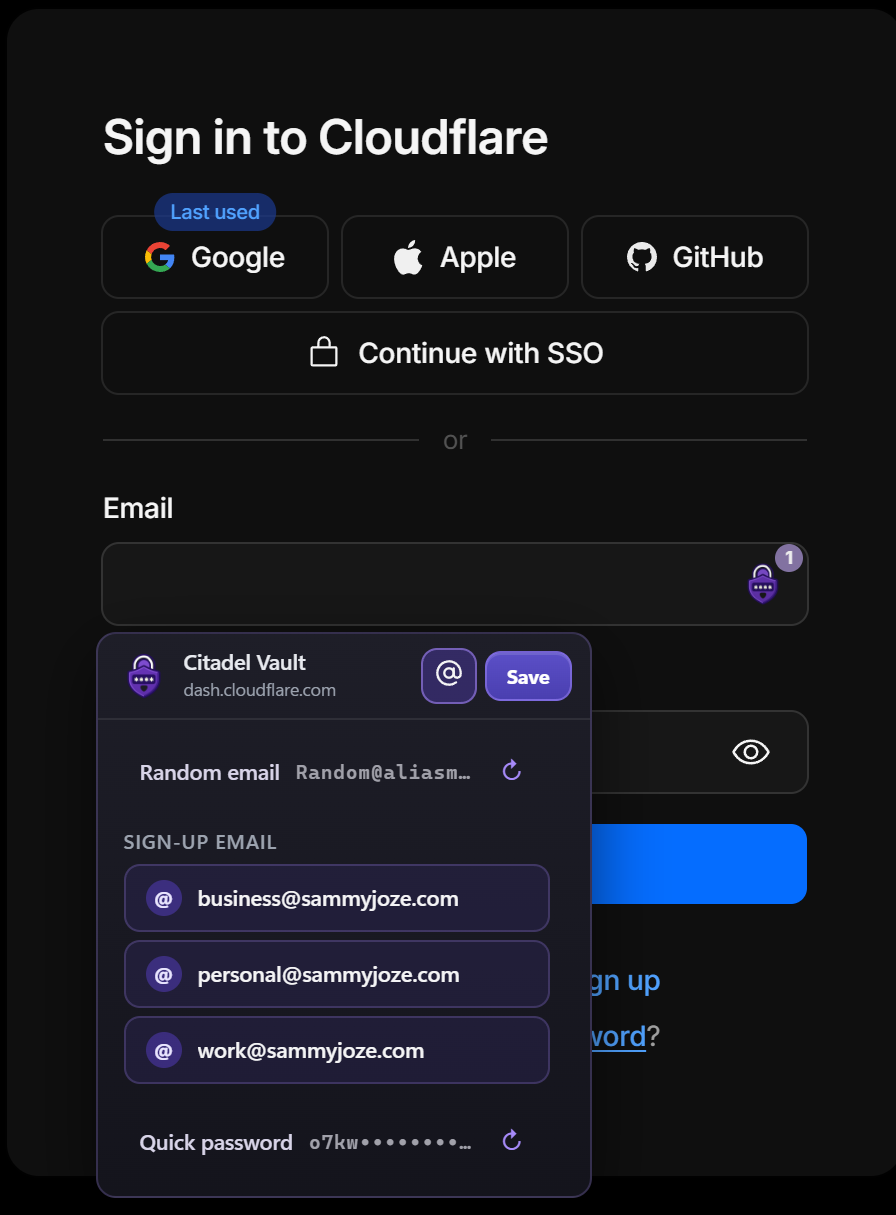 Citadel Vault favorite sign-up emails and quick password on Cloudflare sign-in